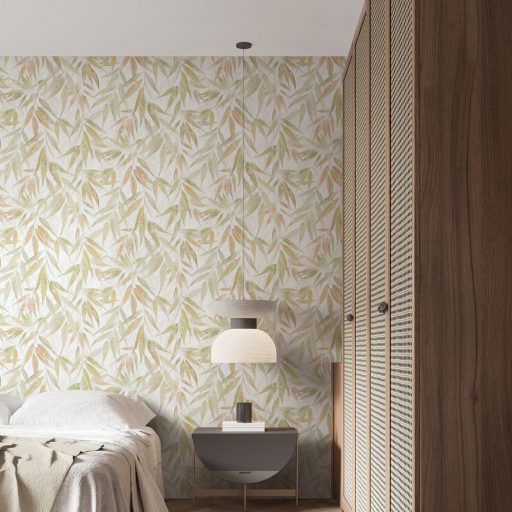 Akvarell technikával festett kopott és színátmenetes 3D bambuszlevelek krémfehér homokszín barack és aranysárga tónus tapéta