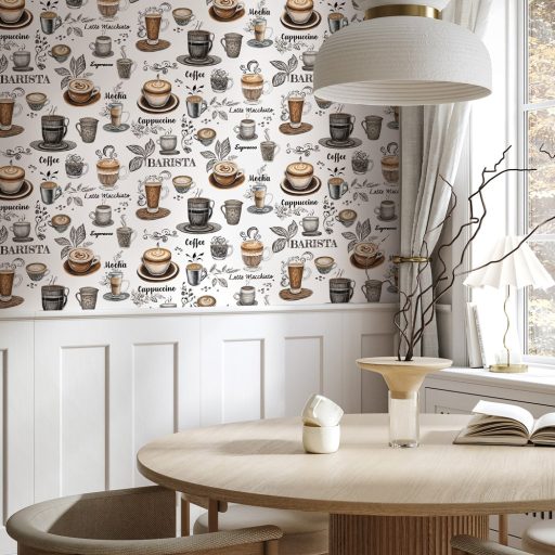 Kávészünet! Micsoda választék akár egy olasz kávézóban fehér bézs barna és grafitszürke tónus tapéta