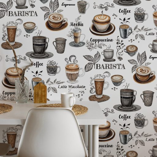 Kávészünet! Micsoda választék akár egy olasz kávézóban fehér bézs barna és grafitszürke tónus tapéta