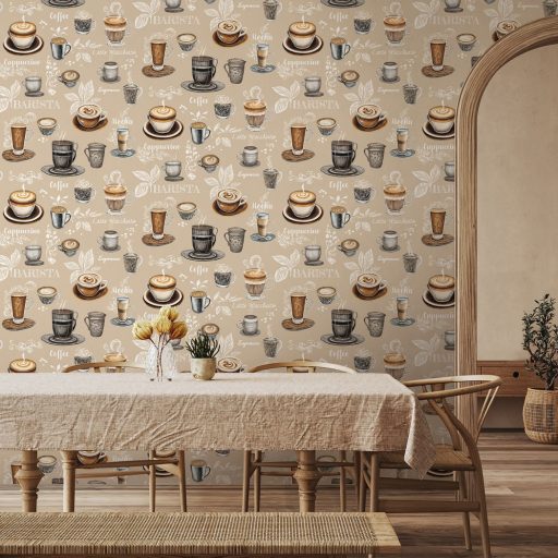 Kávészünet! Micsoda választék akár egy olasz kávézóban bézs barna fehér és grafitszürke tónus tapéta