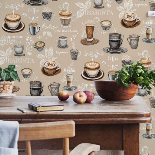 Kávészünet! Micsoda választék akár egy olasz kávézóban bézs barna fehér és grafitszürke tónus tapéta