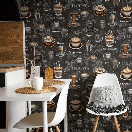 Kávészünet! Micsoda választék akár egy olasz kávézóban fekete barna szürke és fehér tónus tapéta