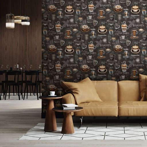 Kávészünet! Micsoda választék akár egy olasz kávézóban fekete barna szürke és fehér tónus tapéta