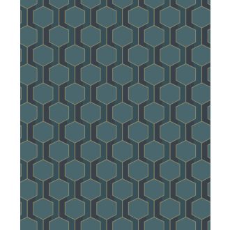   Kortárs grafika és a barokk stílus ötvözete - 3D Hexagon minta pávakék fekete arany és acélkék tónus tapéta