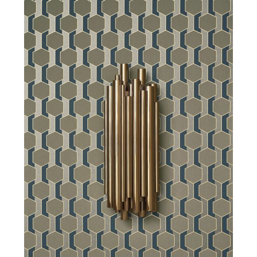 Kortárs grafika és a barokk stílus ötvözete - 3D Hexagon minta khakizöld kék bézs és arany tónus tapéta