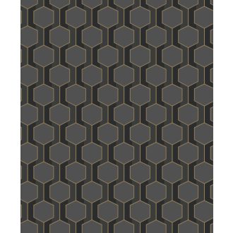   Kortárs grafika és a barokk stílus ötvözete - 3D Hexagon minta fekete antracit/sötérszürke és arany tónus tapéta