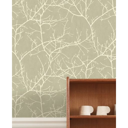 Ikonikus Casadeco design - Faágak minimalista megjelenítésben zuzmózöld és krém tónus tapéta