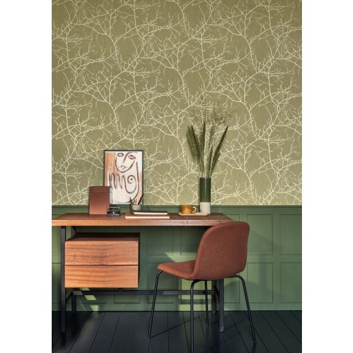 Ikonikus Casadeco design - Faágak minimalista megjelenítésben olívzöld és bézs tónus tapéta