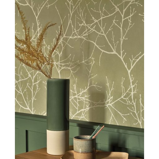 Ikonikus Casadeco design - Faágak minimalista megjelenítésben olívzöld és bézs tónus tapéta