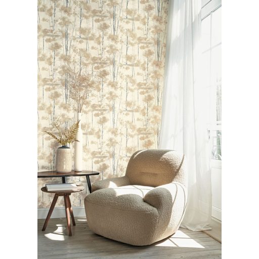 Sudár nyírfatörzsek foltszerű lombozattal skandináv természeti motívum krém szürke és homokszín tónus tapéta