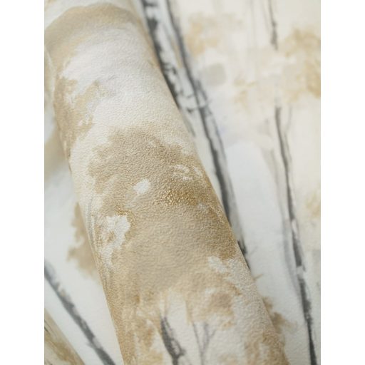 Sudár nyírfatörzsek foltszerű lombozattal skandináv természeti motívum krém szürke és homokszín tónus tapéta