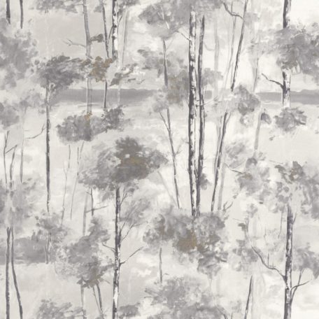 Sudár nyírfatörzsek foltszerű lombozattal skandináv természeti motívum fehér szürke fekete és aranysárga tónus tapéta
