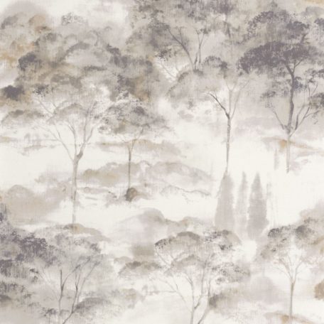 Költői természeti ábrázolás - erdő pehelyszerű ködben fehér szürke sötétszürke és barna tónus tapéta