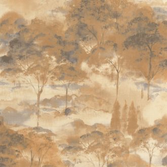   Költői természeti ábrázolás - erdő pehelyszerű ködben bézs szürke és mézsárga tónus tapéta