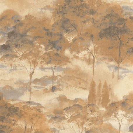 Költői természeti ábrázolás - erdő pehelyszerű ködben bézs szürke és mézsárga tónus tapéta
