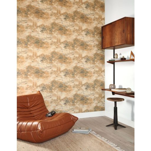 Költői természeti ábrázolás - erdő pehelyszerű ködben bézs szürke és mézsárga tónus tapéta