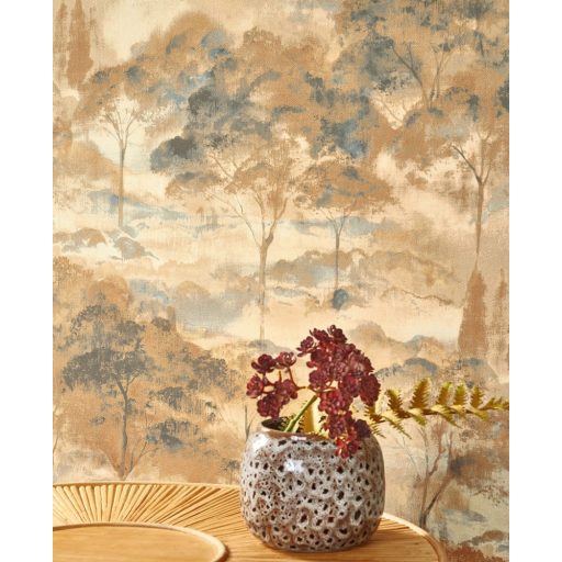 Költői természeti ábrázolás - erdő pehelyszerű ködben bézs szürke és mézsárga tónus tapéta