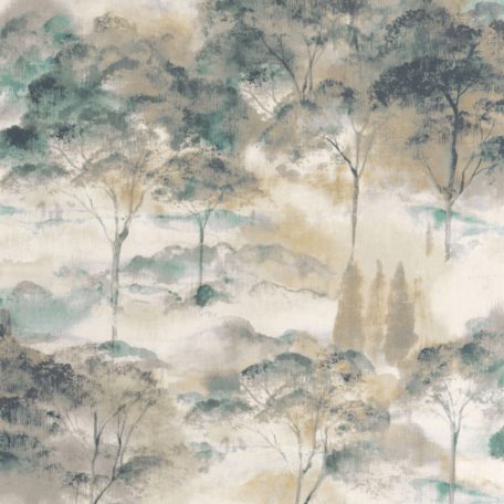 Költői természeti ábrázolás - erdő pehelyszerű ködben krém gittszín/bézs szürke és pávakék tónus tapéta