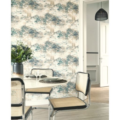 Költői természeti ábrázolás - erdő pehelyszerű ködben krém gittszín/bézs szürke és pávakék tónus tapéta