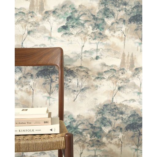 Költői természeti ábrázolás - erdő pehelyszerű ködben krém gittszín/bézs szürke és pávakék tónus tapéta