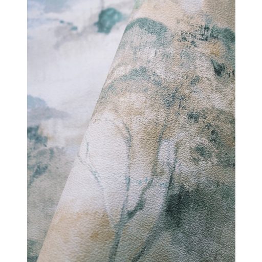 Költői természeti ábrázolás - erdő pehelyszerű ködben krém gittszín/bézs szürke és pávakék tónus tapéta