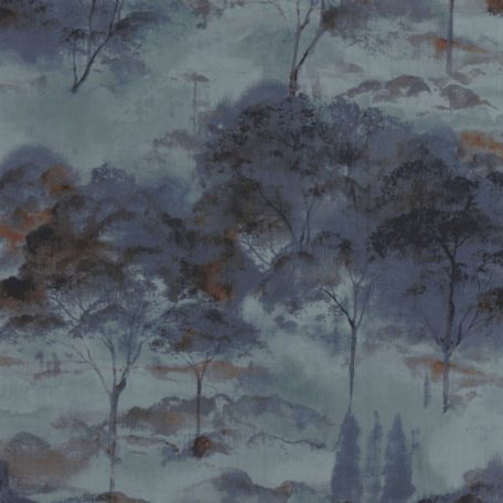 Költői természeti ábrázolás - erdő pehelyszerű ködben kék szürkéskék tintakék és vörösesbarna tónus tapéta