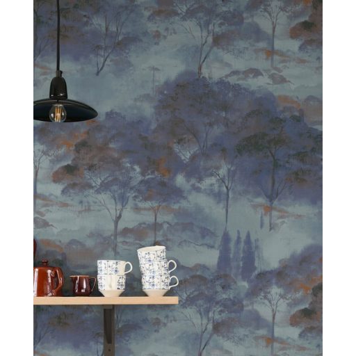 Költői természeti ábrázolás - erdő pehelyszerű ködben kék szürkéskék tintakék és vörösesbarna tónus tapéta