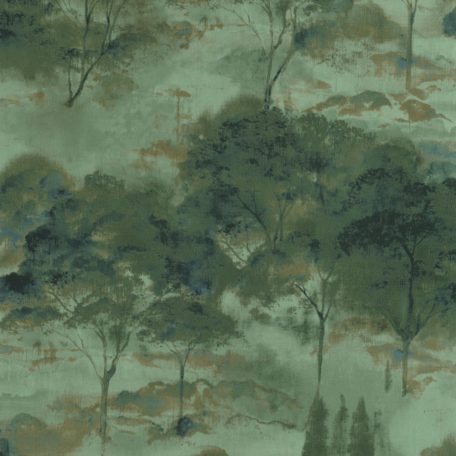 Költői természeti ábrázolás - erdő pehelyszerű ködben zöld eukaliptusz zöld kék barna és fekete tónus tapéta
