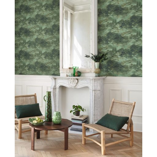 Költői természeti ábrázolás - erdő pehelyszerű ködben zöld eukaliptusz zöld kék barna és fekete tónus tapéta