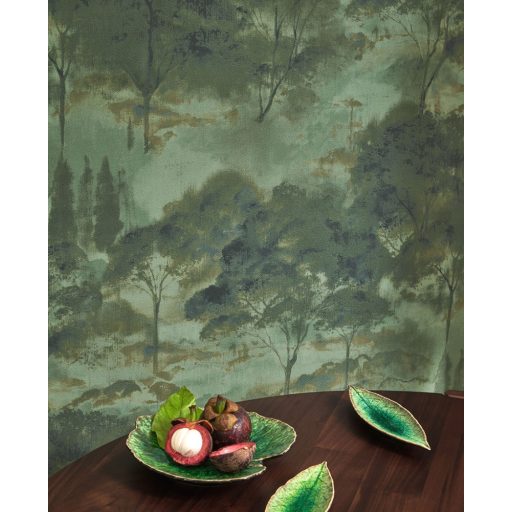 Költői természeti ábrázolás - erdő pehelyszerű ködben zöld eukaliptusz zöld kék barna és fekete tónus tapéta