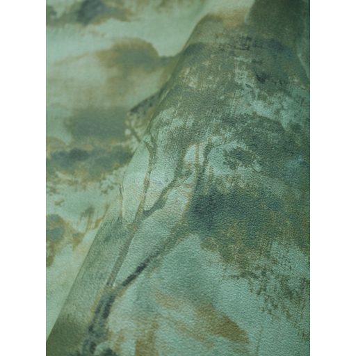 Költői természeti ábrázolás - erdő pehelyszerű ködben zöld eukaliptusz zöld kék barna és fekete tónus tapéta