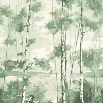   Pazar természeti látvány - Fjord menti skandináv erdő napéjegyenlőség idején "L" fehér bézs eukaliptusz zöld és aranysárga falpanel