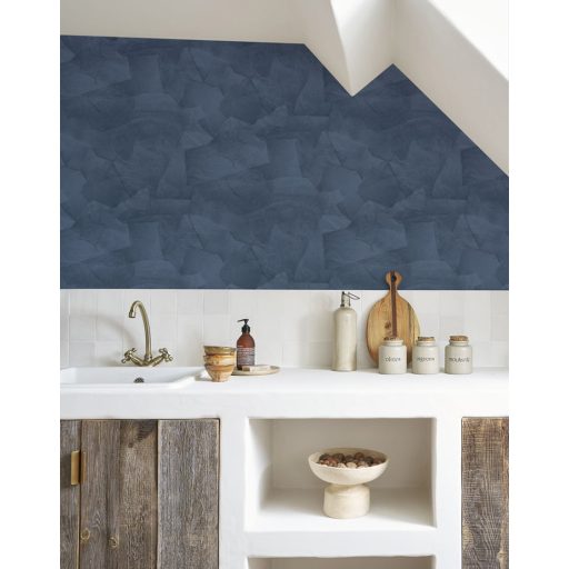 Meszelt fal hatást keltő véletlenszerűen összeragasztott papírlapok 3D mintája palakék tónus tapéta