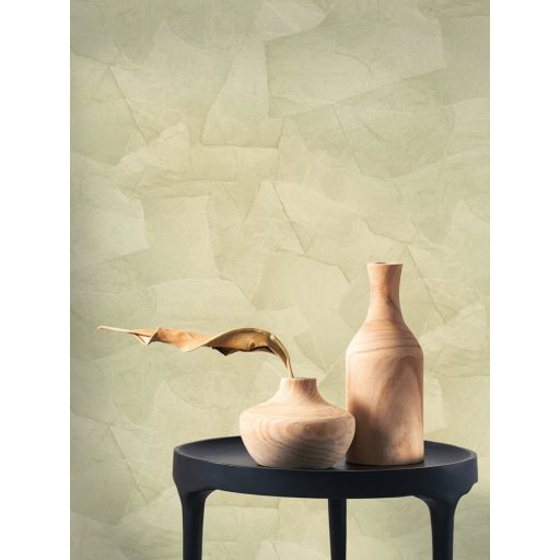 Meszelt fal hatást keltő véletlenszerűen összeragasztott papírlapok 3D mintája mandulazöld tónus tapéta