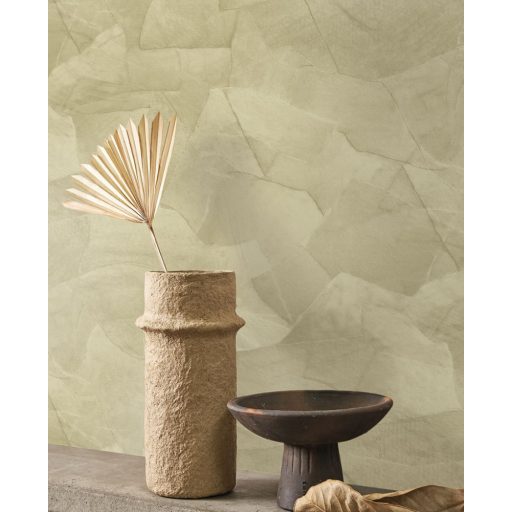 Meszelt fal hatást keltő véletlenszerűen összeragasztott papírlapok 3D mintája mandulazöld tónus tapéta