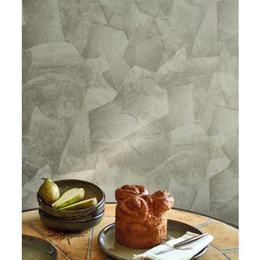 Meszelt fal hatást keltő véletlenszerűen összeragasztott papírlapok 3D mintája szürkészöld tónus tapéta