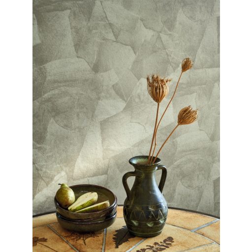 Meszelt fal hatást keltő véletlenszerűen összeragasztott papírlapok 3D mintája szürkészöld tónus tapéta