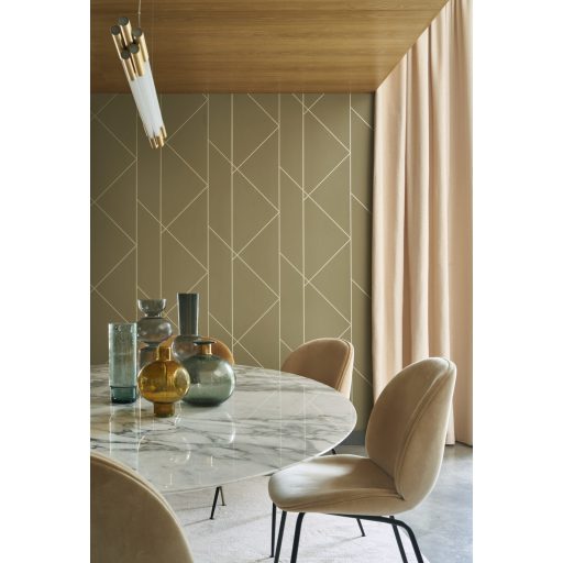 Geometrikus formákba rendezett fémes vonalak XXL mintája olívzöld és arany/zöldarany tónus tapéta