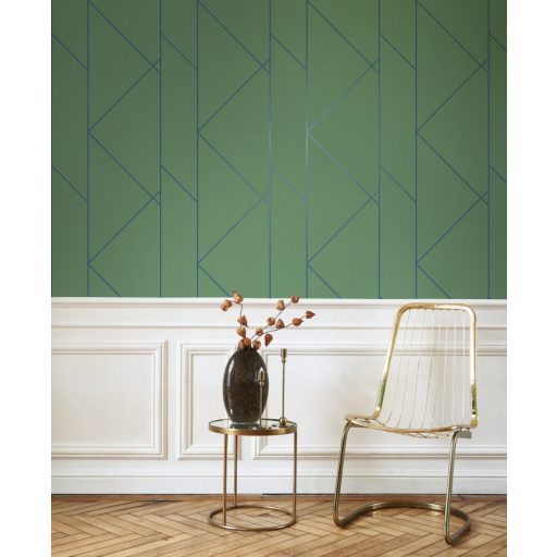 Geometrikus formákba rendezett fémes vonalak XXL mintája lombzöld és tintakék tónus tapéta