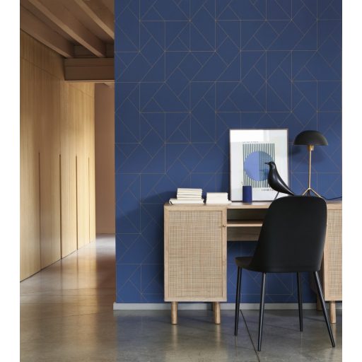 Geometriai formák vonalas minimalista mintája indigókék és fényes arany tónus tapéta