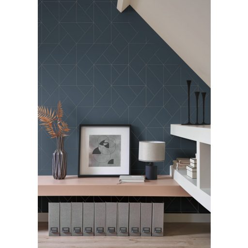 Geometriai formák vonalas minimalista mintája tintakék és fémes arany tónus tapéta