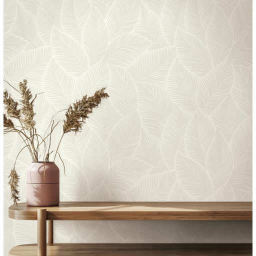 Trópusi elegancia Art deco jegyekkel - stilizált pálmalevél mintázat krémfehér bézs és homokszín tónus tapéta