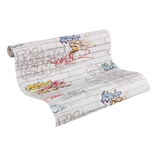 As-Creation Boys & Girls 6, 93561-1 Téglafal graffiti fehér szürke szines tapéta