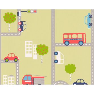  Boys & Girls 6, 93632-2 Gyerekszobai játékos városi közlekedés zöld sárgászöld szines tapéta