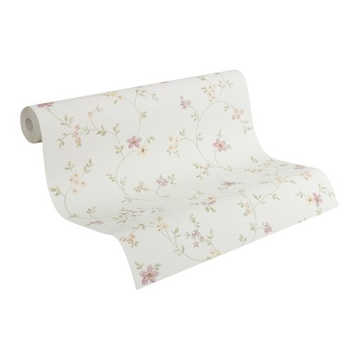 As-Creation Fleuri Pastel/Maison Charme 93770-1 karcsú ágakon filigrán virágminta krém rózsaszín zöld és sárga tónus tapéta