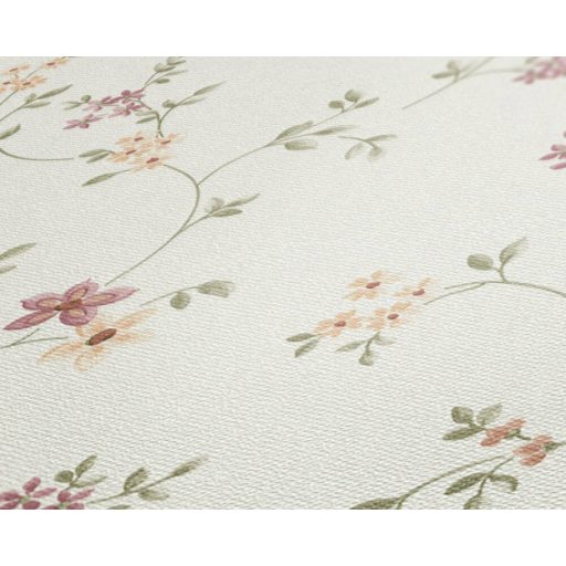 As-Creation Fleuri Pastel/Maison Charme 93770-1 karcsú ágakon filigrán virágminta krém rózsaszín zöld és sárga tónus tapéta