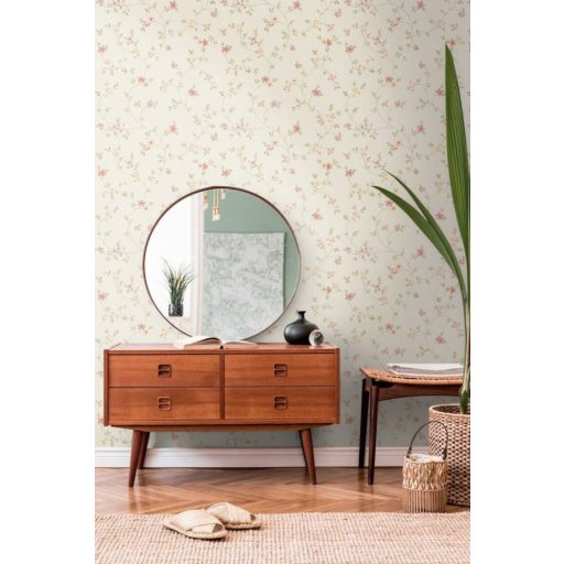 As-Creation Fleuri Pastel/Maison Charme 93770-1 karcsú ágakon filigrán virágminta krém rózsaszín zöld és sárga tónus tapéta