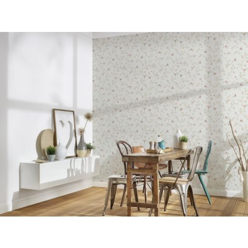 As-Creation Fleuri Pastel/Maison Charme 93770-1 karcsú ágakon filigrán virágminta krém rózsaszín zöld és sárga tónus tapéta