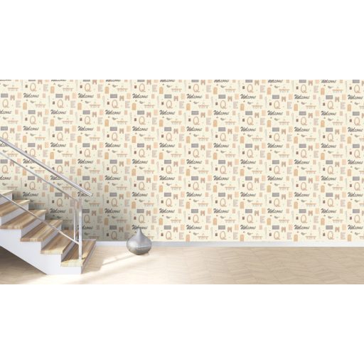 Inspiráló motívációs grafikus 3D minta feliratokkal betűkkel és használati tárgyakkal krém bézs barna és szürke tónus tapéta
