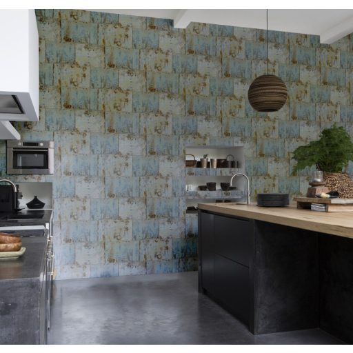 Rasch Factory III, 939712  Vintage patinás acéllemez kék türkiz bézs barna tapéta